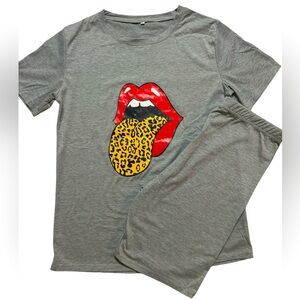 Gray T-Shirt and Shorts Set with Lip Graphic, Size L, NWOT
